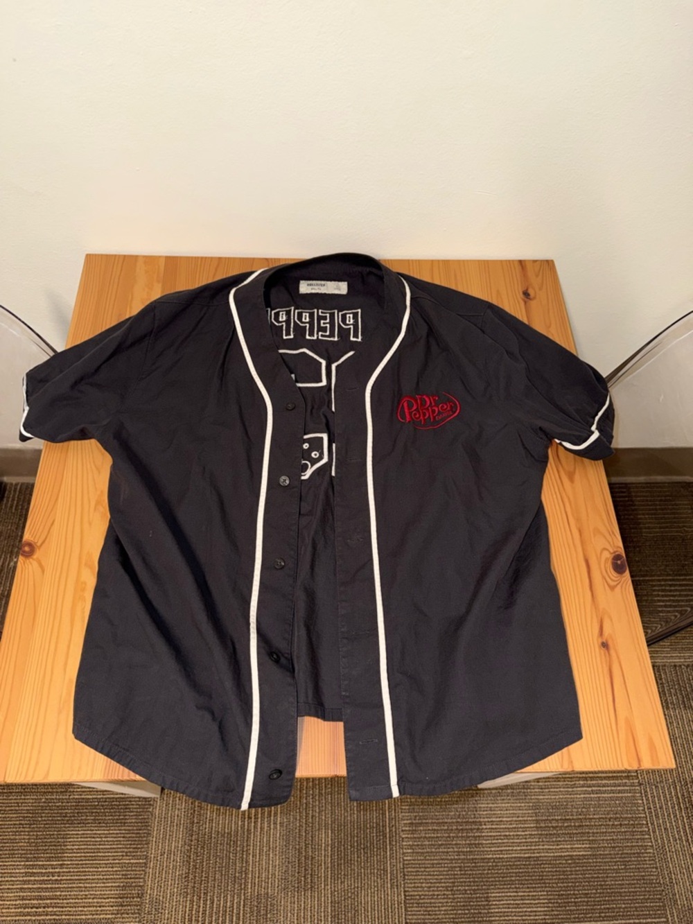 Hollister Black Baseball Shirt with White Piping and Red Logo